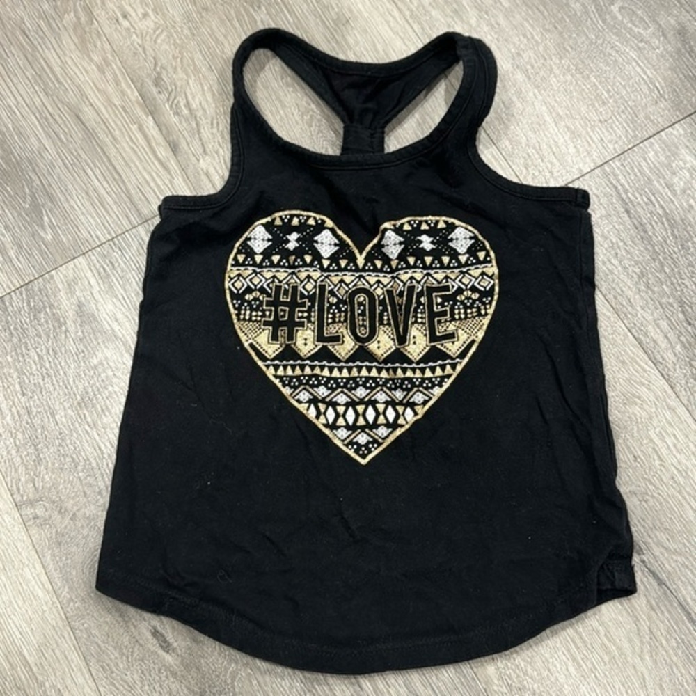 Youth Girls Black Summer Tank Top with Heart Gold Sparkle Size XS / 4